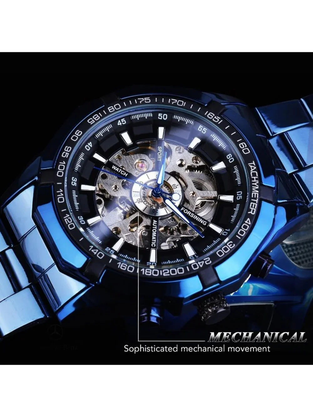 Men's Blue Black Self-Wind Skeleton Hollow Out Mechanical Automatic Luxury Watch